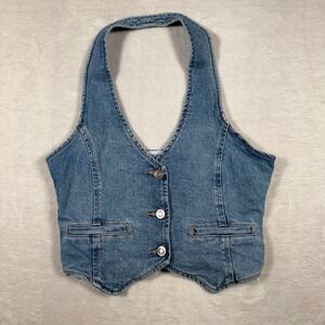 ALTAR STATE Denim Halter Vest Jean Crop Top Womens Size S Button Front